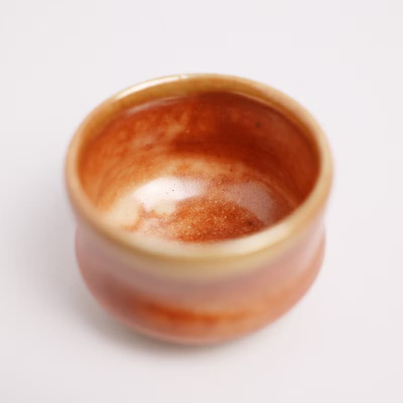 明芽窯 l 柴燒志野金彩小茶碗 橘紅 茶杯 小茶杯 陶器 蒐藏品 T