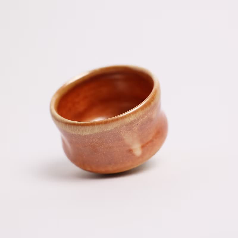 明芽窯 l 柴燒志野金彩小茶碗 橘紅 茶杯 小茶杯 陶器 蒐藏品 T