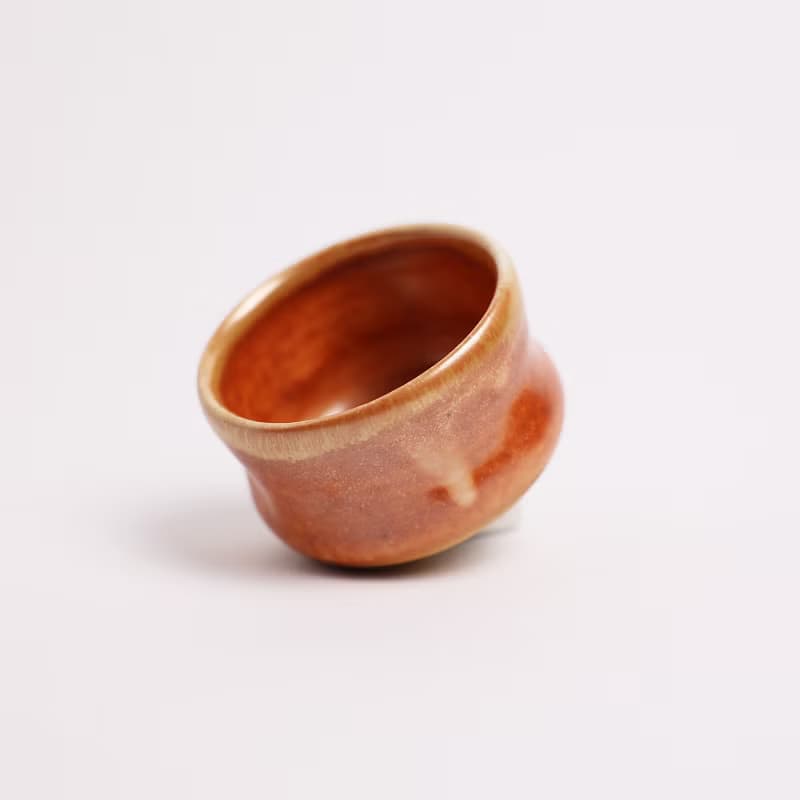 明芽窯 l 柴燒志野金彩小茶碗 橘紅 茶杯 小茶杯 陶器 蒐藏品 T