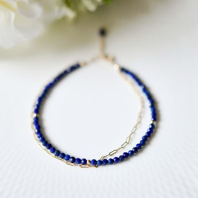 幸運と成功運UP、成功へ導く　ラピスラズリとデザインチェーンの2連ブレスレット  12月誕生石
