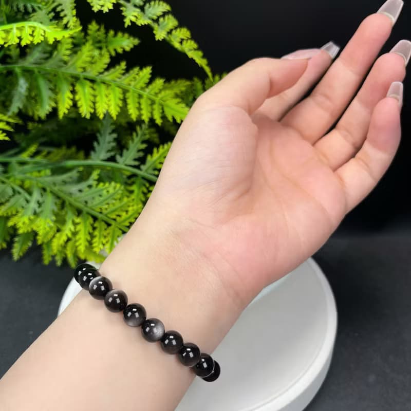 高品質天然銀曜石手串8.5mm顆顆帶眼銀色黑曜石手錬女款耀眼靈動