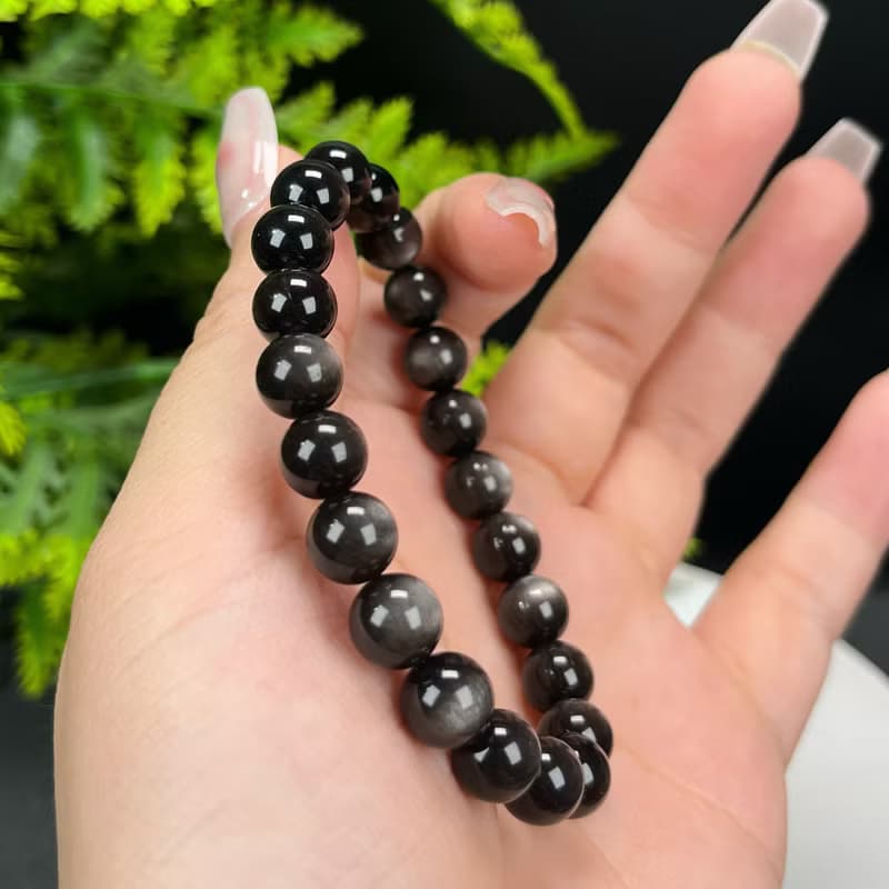 高品質天然銀曜石手串8.5mm顆顆帶眼銀色黑曜石手錬女款耀眼靈動