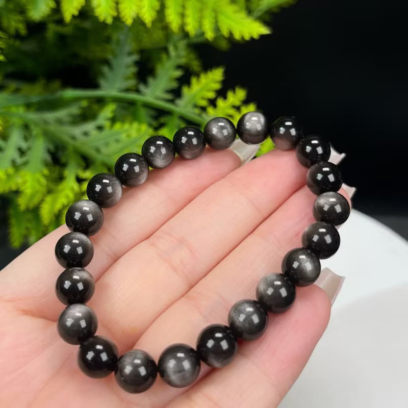 高品質天然銀曜石手串8.5mm顆顆帶眼銀色黑曜石手錬女款耀眼靈動