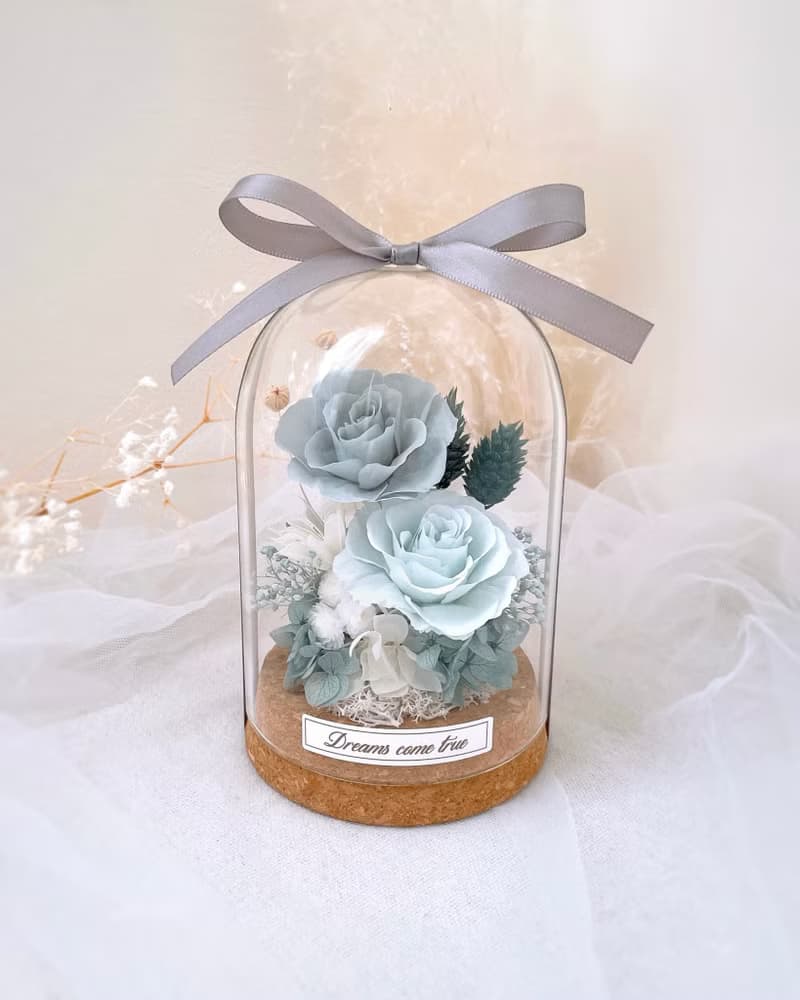永生花玻璃盅-薄霧藍 l 共2款 不凋花玻璃盅 日本玫瑰 情人節禮物