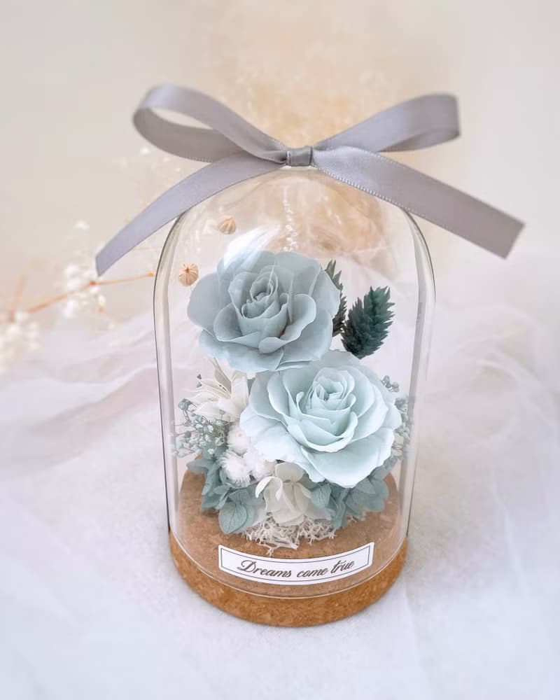 永生花玻璃盅-薄霧藍 l 共2款 不凋花玻璃盅 日本玫瑰 情人節禮物