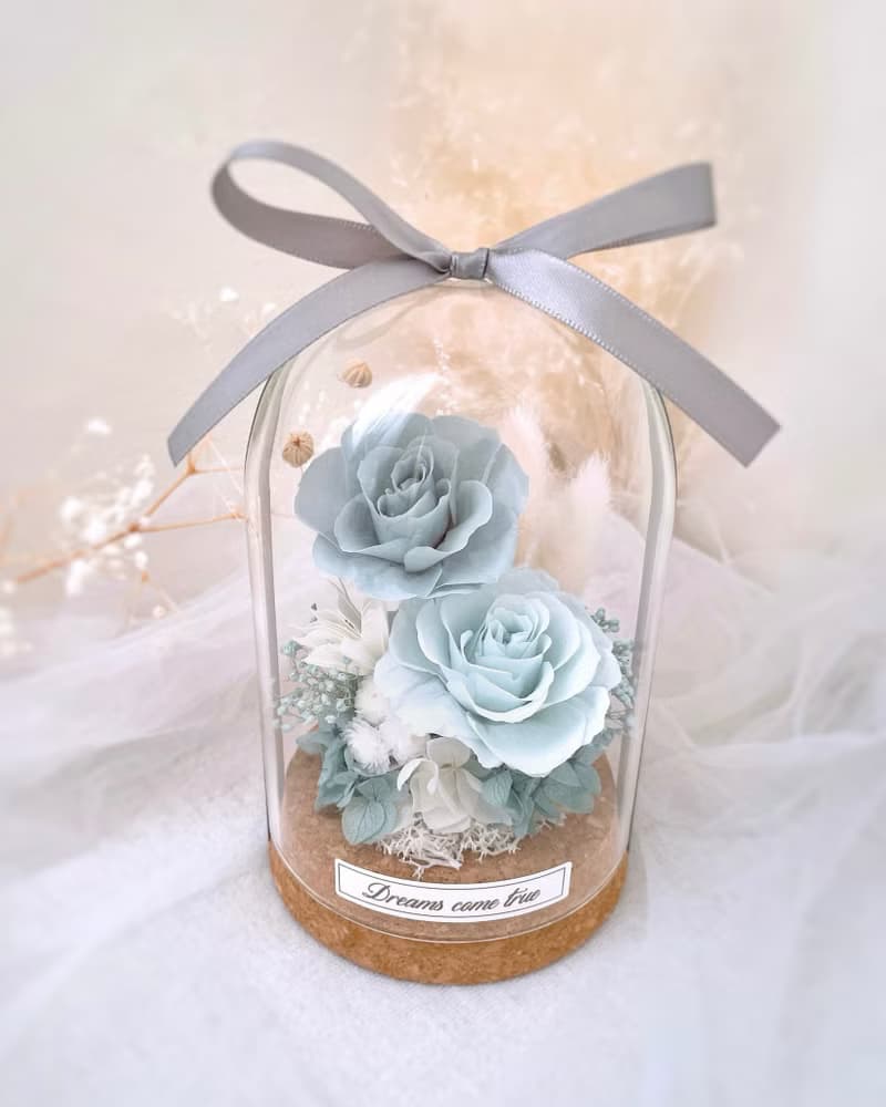 永生花玻璃盅-薄霧藍 l 共2款 不凋花玻璃盅 日本玫瑰 情人節禮物