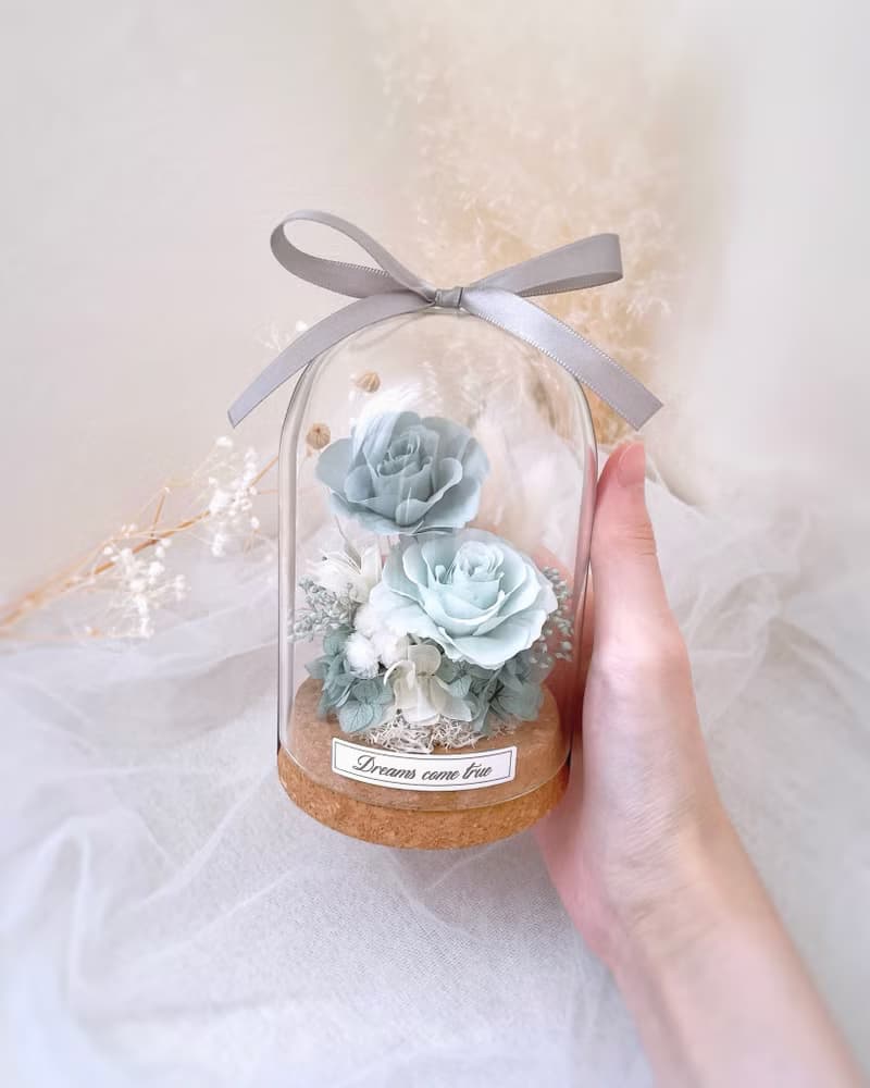 永生花玻璃盅-薄霧藍 l 共2款 不凋花玻璃盅 日本玫瑰 情人節禮物