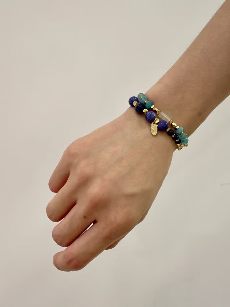 海之寶藏 // 藍玉髓青金石海藍寶雙圈手鍊 黃銅手鍊