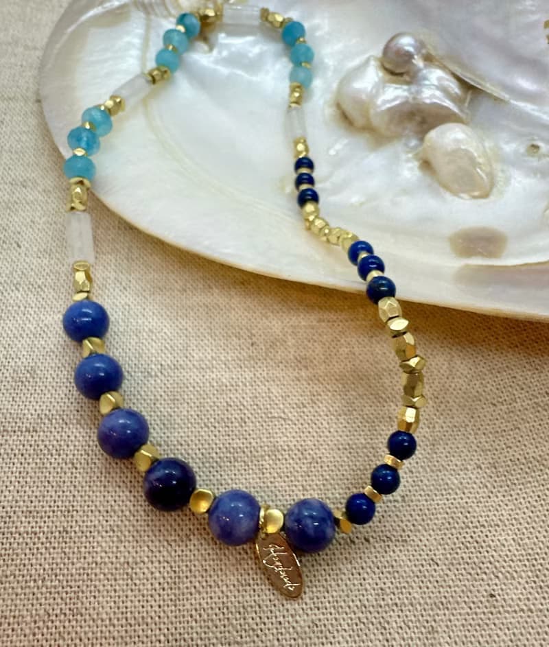海之寶藏 // 藍玉髓青金石海藍寶雙圈手鍊 黃銅手鍊
