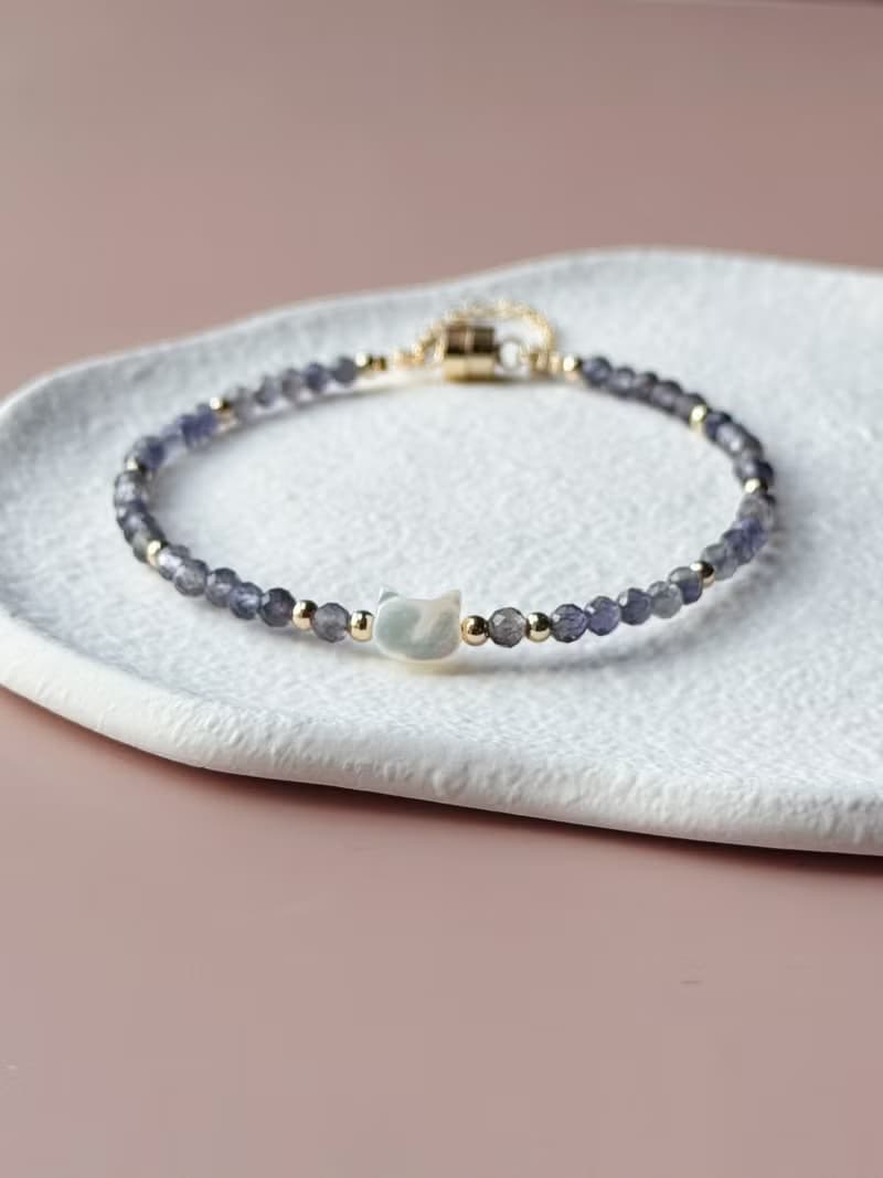 貝殼小貓咪水晶手鍊 | 堇青石 可愛磁石扣設計 | 療癒系貓咪飾品