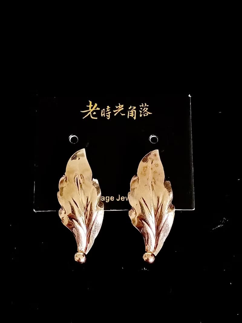 vintage jewelry 古董 krementz 14k鍍金葉狀 夾式耳環