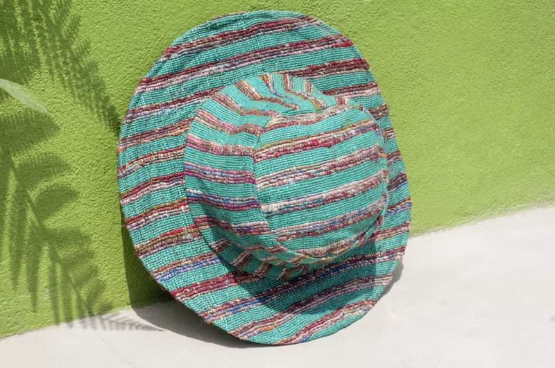 七夕禮物 限量一件 拼接手織棉麻帽 手工紗麗線編織棉麻帽 / 編織帽 / 漁夫帽 / 草帽 / 草編帽 / 手工帽 / 遮陽帽 - 綠色森林 繽紛彩虹條紋棉麻帽