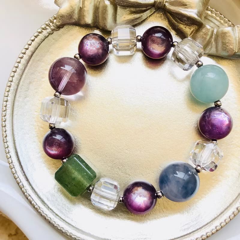 ITS-B641【星光綠草莓晶・白水晶・海藍寶】天然石水晶手鍊手環