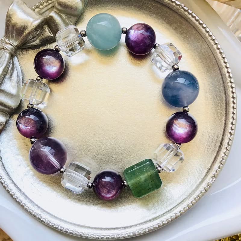 ITS-B641【星光綠草莓晶・白水晶・海藍寶】天然石水晶手鍊手環