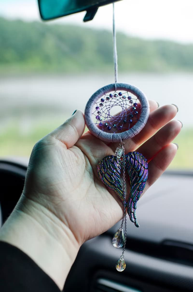 Purple Dream Catcher & Angel Wings Charm | Car Rear View Mirror Guardian Angel