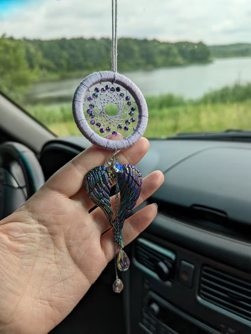 Purple Dream Catcher & Angel Wings Charm | Car Rear View Mirror Guardian Angel