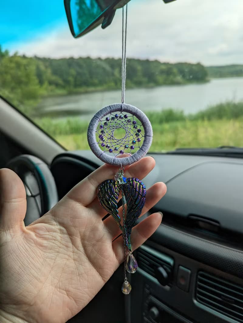 Purple Dream Catcher & Angel Wings Charm | Car Rear View Mirror Guardian Angel
