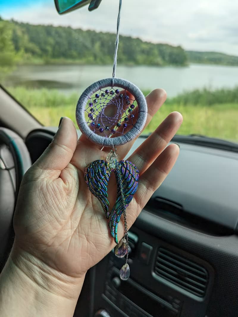 Purple Dream Catcher & Angel Wings Charm | Car Rear View Mirror Guardian Angel