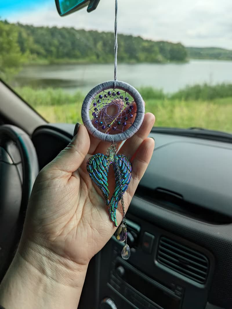 Purple Dream Catcher & Angel Wings Charm | Car Rear View Mirror Guardian Angel