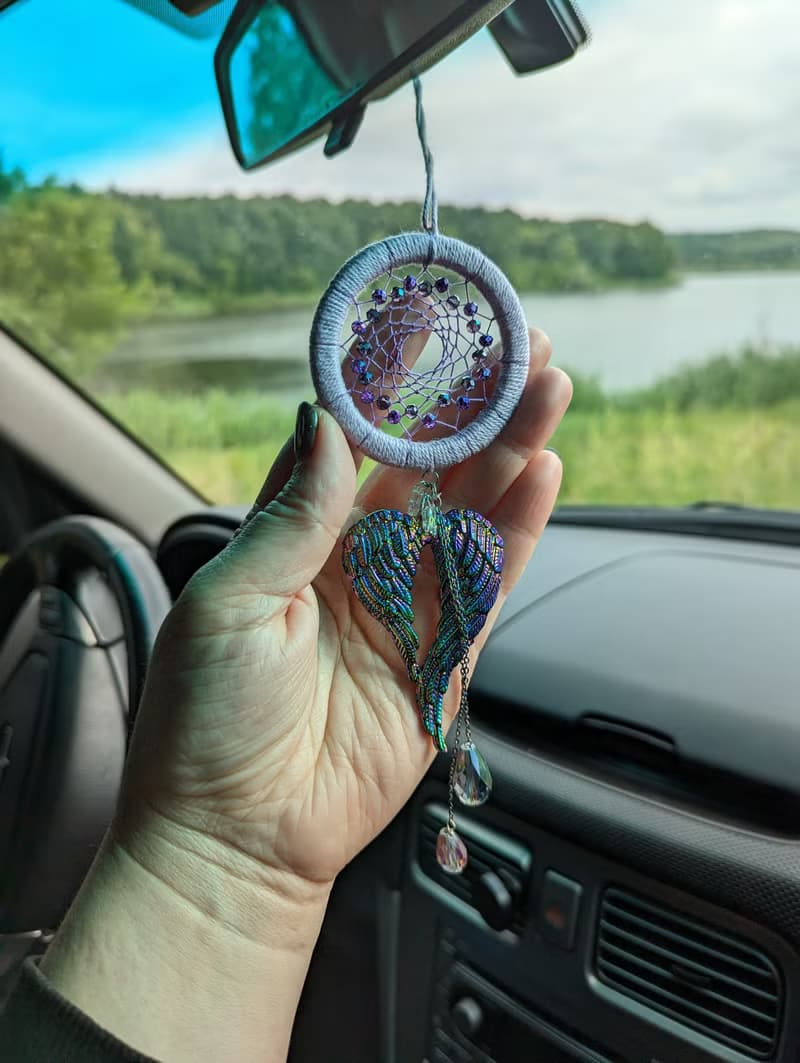 Purple Dream Catcher & Angel Wings Charm | Car Rear View Mirror Guardian Angel