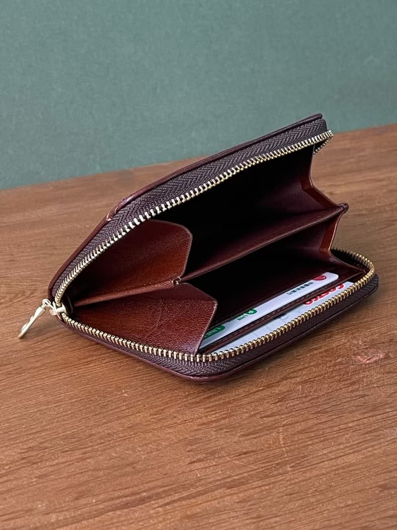 義大利植鞣皮日本拉鍊ㄇ形零錢包 - 深木棕