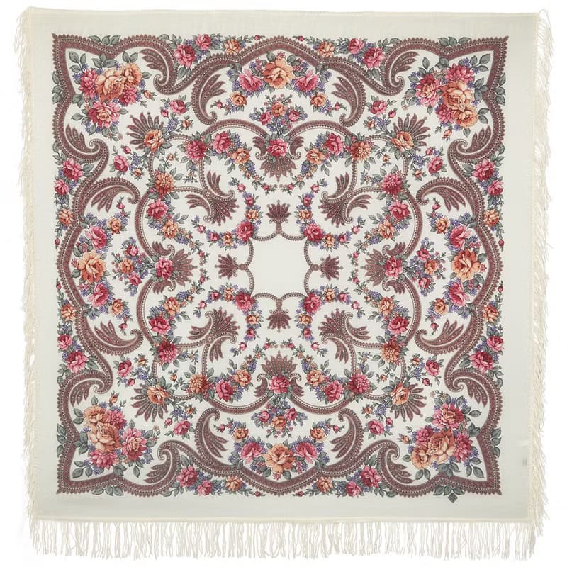 Pavlovo Posad Russian Shawl 100% Wool Scarf 125 cm, Wrap Woolen Fringe 1551-0