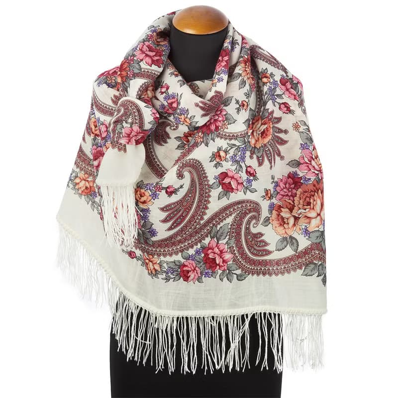 Pavlovo Posad Russian Shawl 100% Wool Scarf 125 cm, Wrap Woolen Fringe 1551-0