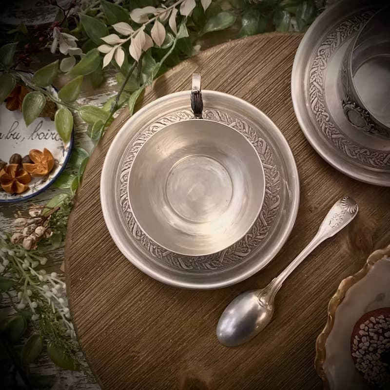 法國路易十六風格 Cartouche飾面 純銀杯盤組/附贈1把純銀匙