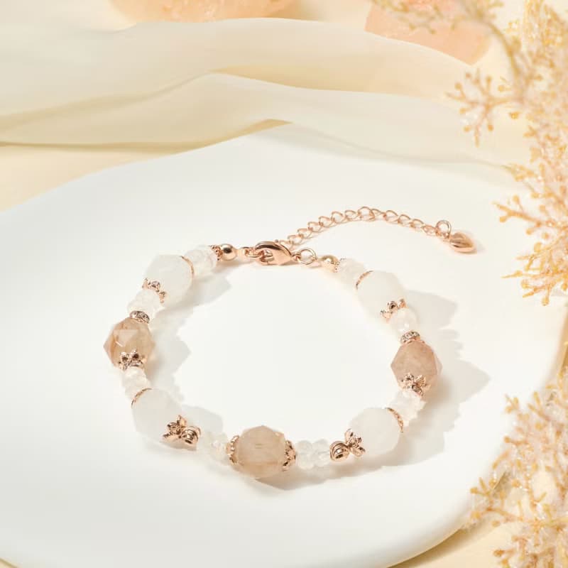 彩兔毛 月亮石 白幽靈水晶手鏈 人緣幸運/守護淨化