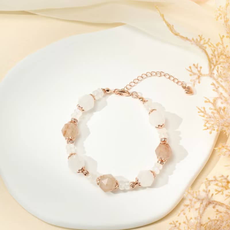 彩兔毛 月亮石 白幽靈水晶手鏈 人緣幸運/守護淨化