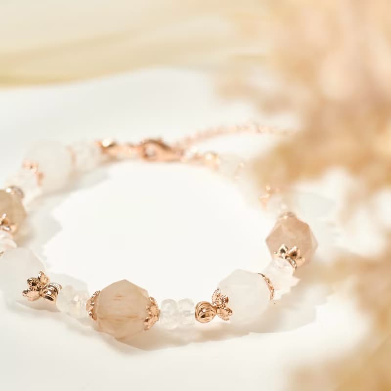 彩兔毛 月亮石 白幽靈水晶手鏈 人緣幸運/守護淨化