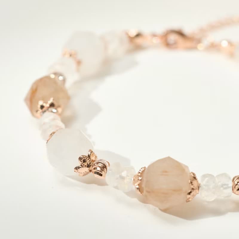 彩兔毛 月亮石 白幽靈水晶手鏈 人緣幸運/守護淨化