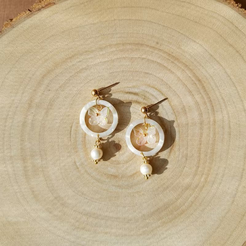 白色系小花球 櫻花 花束 耳環耳針耳夾 鍍金 生日禮物