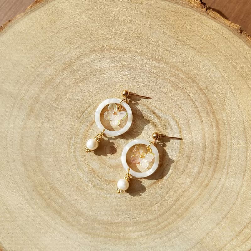 白色系小花球 櫻花 花束 耳環耳針耳夾 鍍金 生日禮物