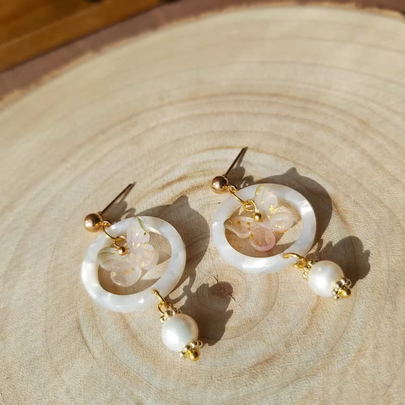 白色系小花球 櫻花 花束 耳環耳針耳夾 鍍金 生日禮物