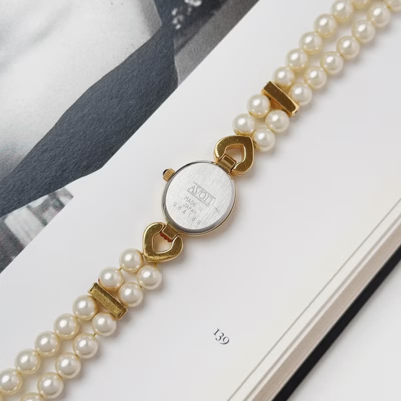 Avon Gold Tone With Faux Pearl Bracelet Watch