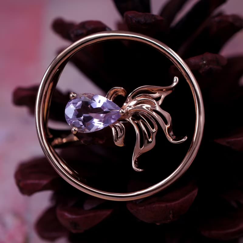 金魚 - 粉紅紫水晶 純銀 電 18K玫瑰金 戒指
