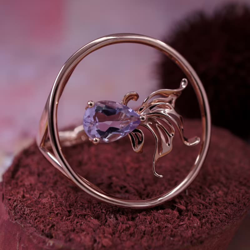 金魚 - 粉紅紫水晶 純銀 電 18K玫瑰金 戒指