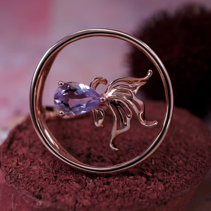 金魚 - 粉紅紫水晶 純銀 電 18K玫瑰金 戒指