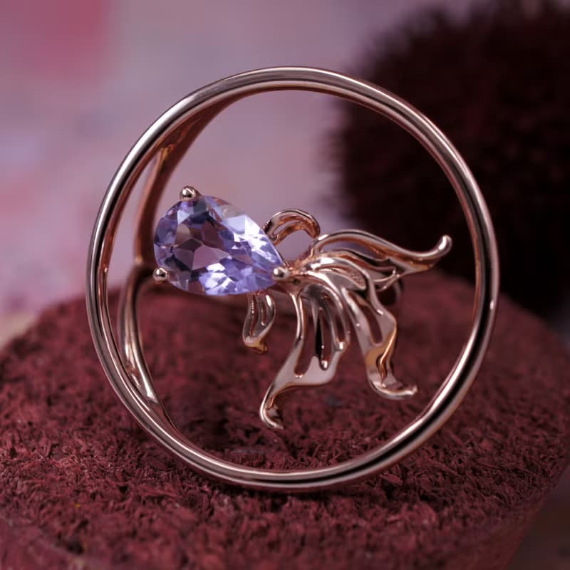 金魚 - 粉紅紫水晶 純銀 電 18K玫瑰金 戒指