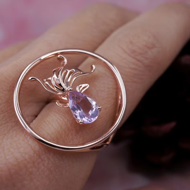 金魚 - 粉紅紫水晶 純銀 電 18K玫瑰金 戒指