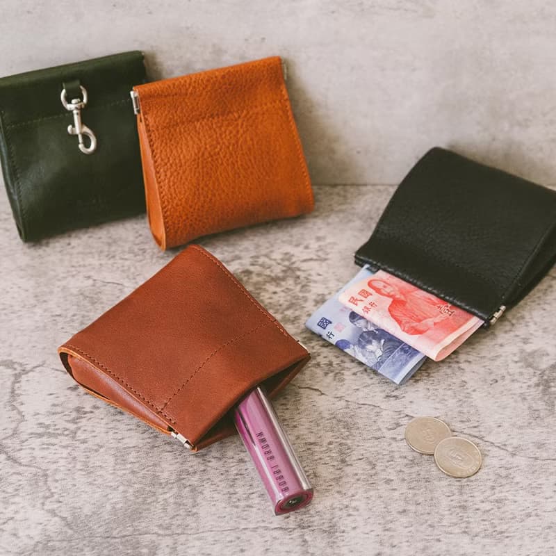 真皮扣環彈片收納袋 X0103 黑/紅棕V/黃棕V/綠V