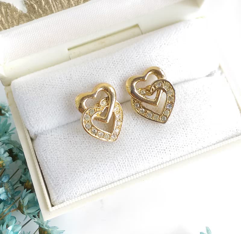Vintage Jewelry 西洋古董飾品 小巧 小貼耳 雙愛心 針式耳環