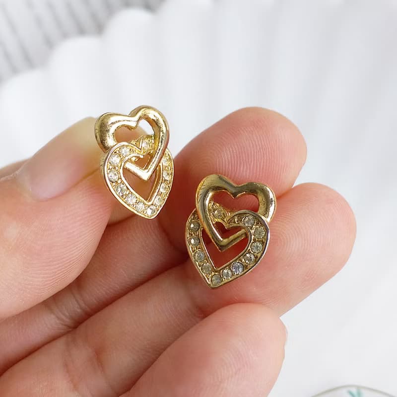 Vintage Jewelry 西洋古董飾品 小巧 小貼耳 雙愛心 針式耳環
