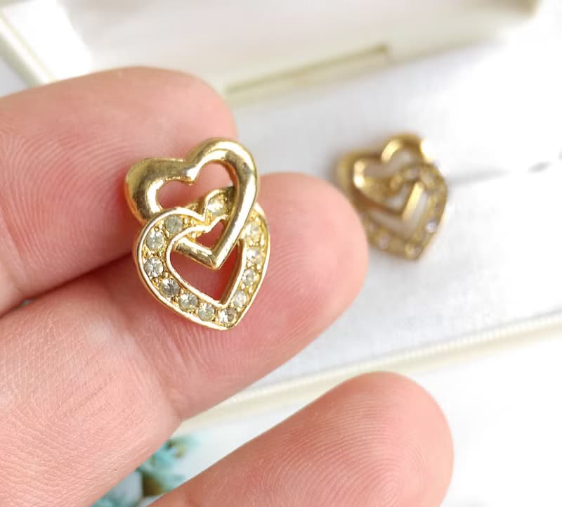 Vintage Jewelry 西洋古董飾品 小巧 小貼耳 雙愛心 針式耳環