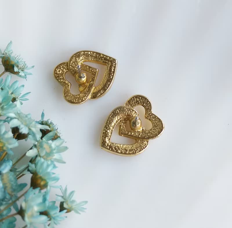 Vintage Jewelry 西洋古董飾品 小巧 小貼耳 雙愛心 針式耳環