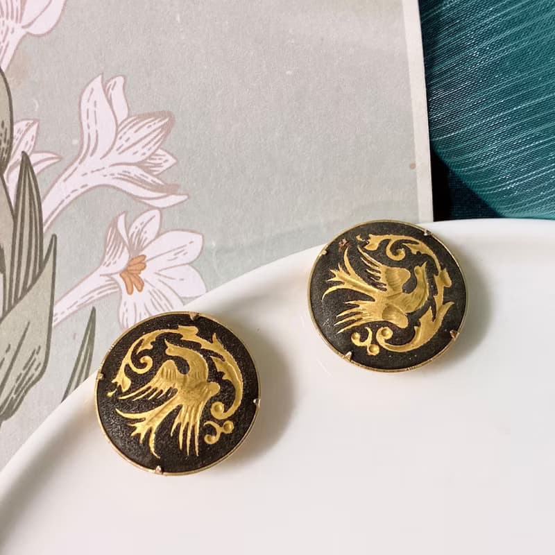 【西洋古董飾品】西班牙大馬士革24K金工藝 飛鳥繚繞圖騰耳環耳夾