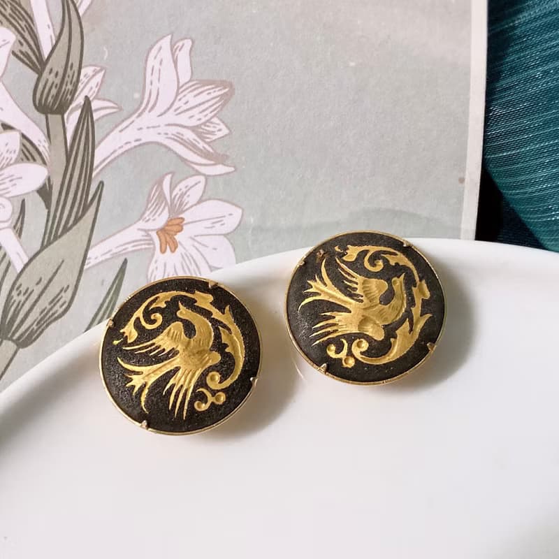 【西洋古董飾品】西班牙大馬士革24K金工藝 飛鳥繚繞圖騰耳環耳夾