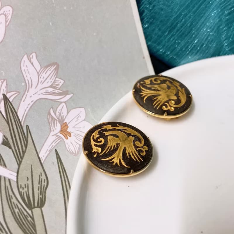 【西洋古董飾品】西班牙大馬士革24K金工藝 飛鳥繚繞圖騰耳環耳夾