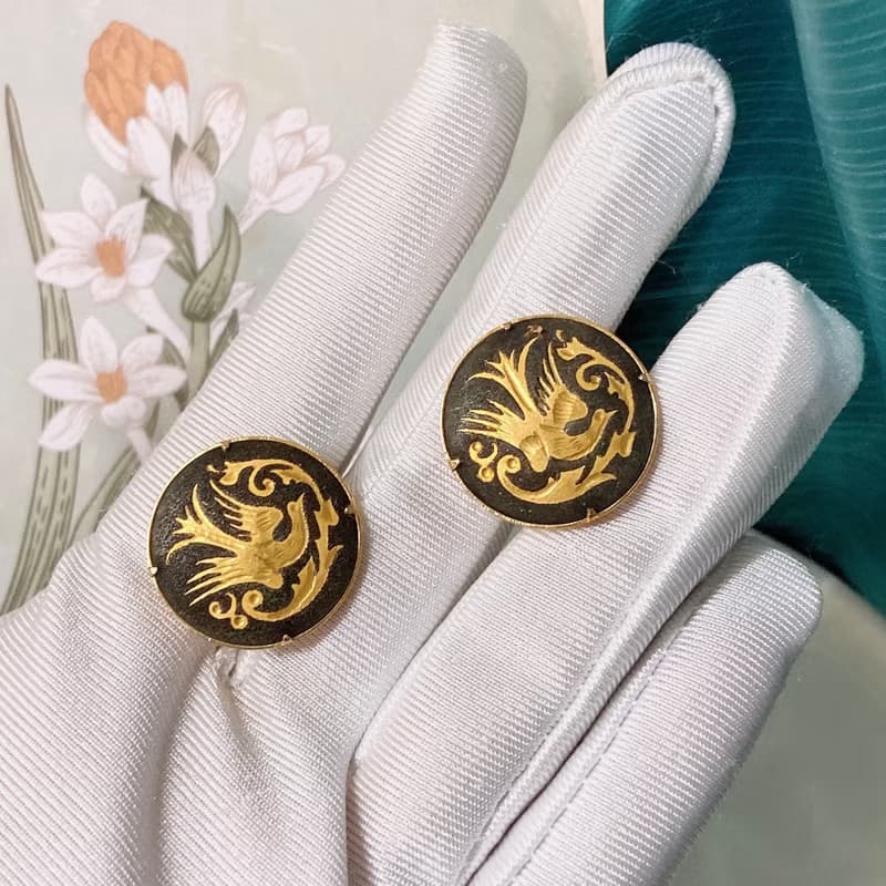【西洋古董飾品】西班牙大馬士革24K金工藝 飛鳥繚繞圖騰耳環耳夾